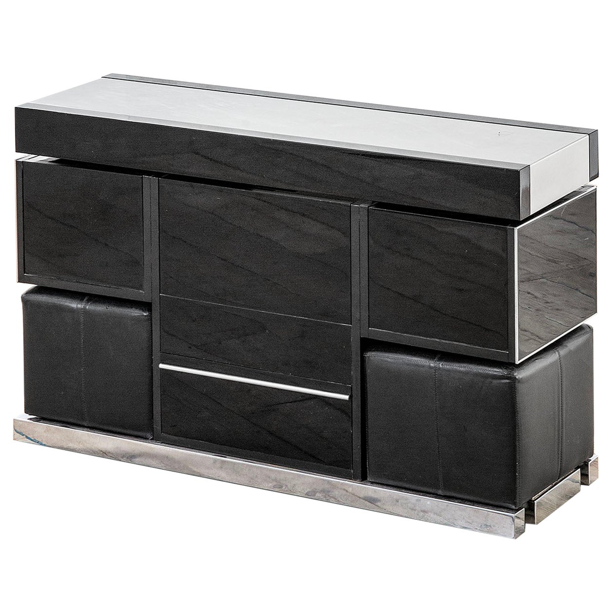 20th Century Willy Rizzo Black Bar Cabinet with Ottomans for Sabot, 70s For Sale