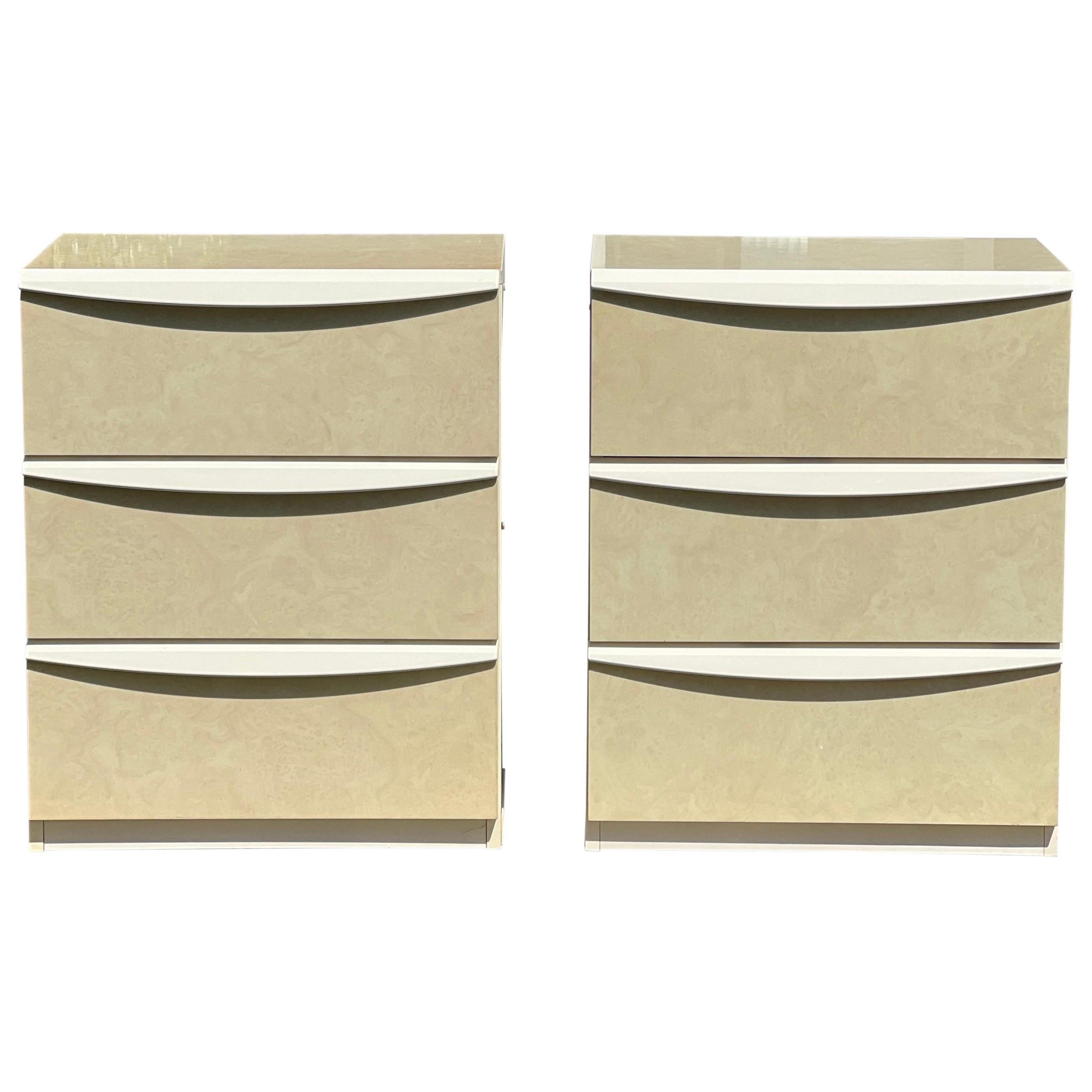 Post Modern Italian Faux Burl Ivory Lacquered Chests or Nightstands, a Pair For Sale