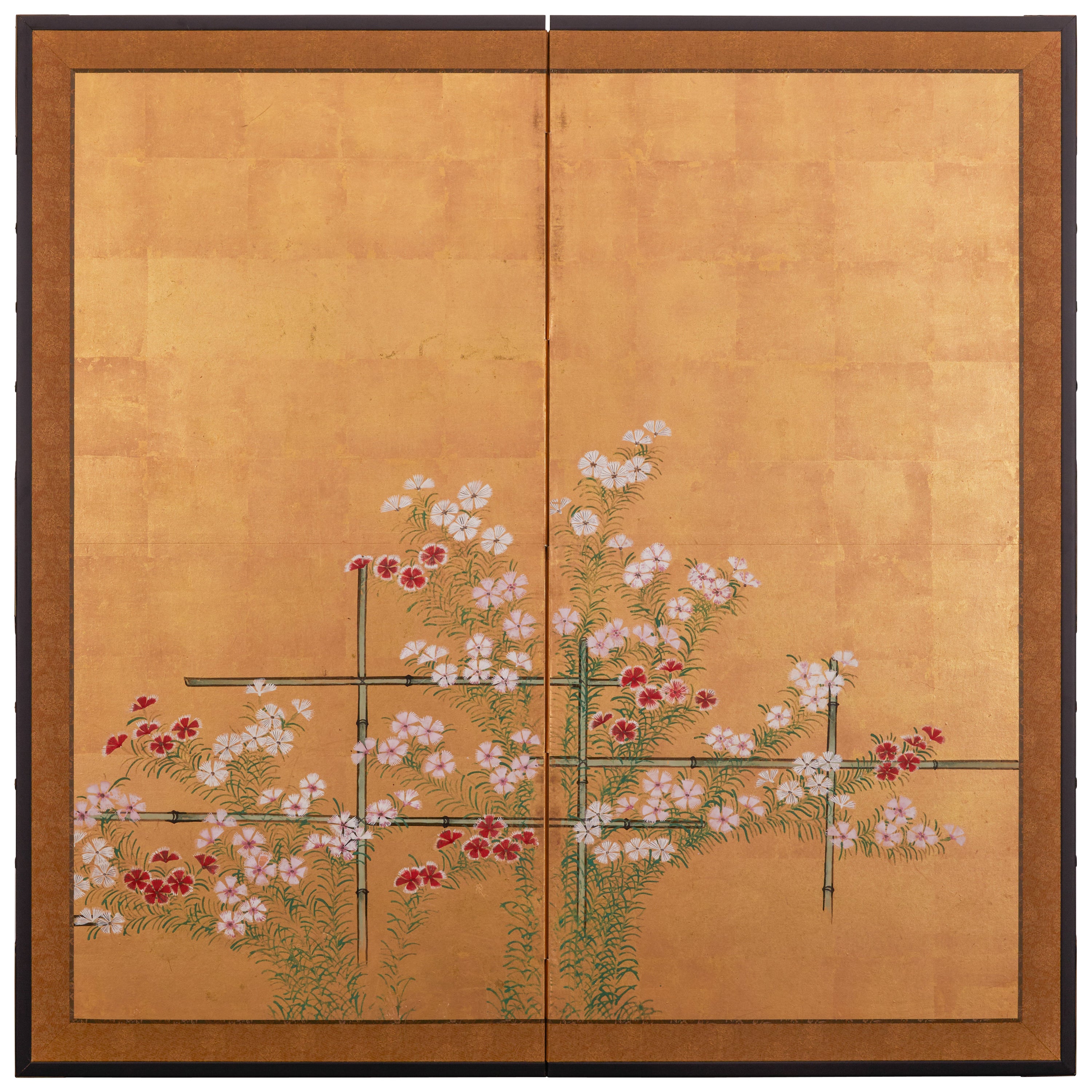 Japanese Two Panel Screen: Nadeshiko on Bamboo Trellis