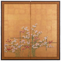 Japanese Two Panel Screen: Nadeshiko on Bamboo Trellis