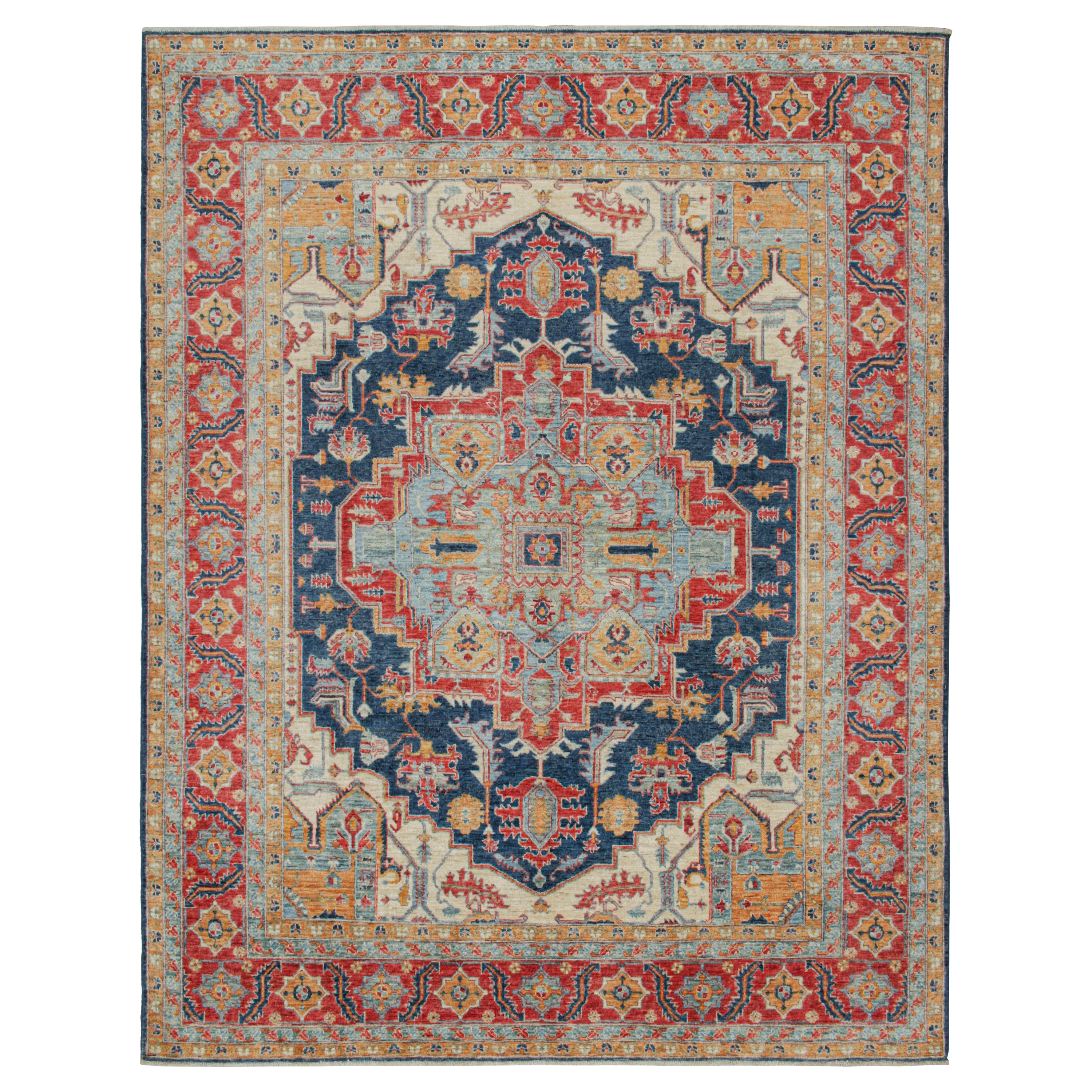 Rug & Kilim’s Serapi Style rug in Red, Blue & Gold with Medallion Pattern For Sale