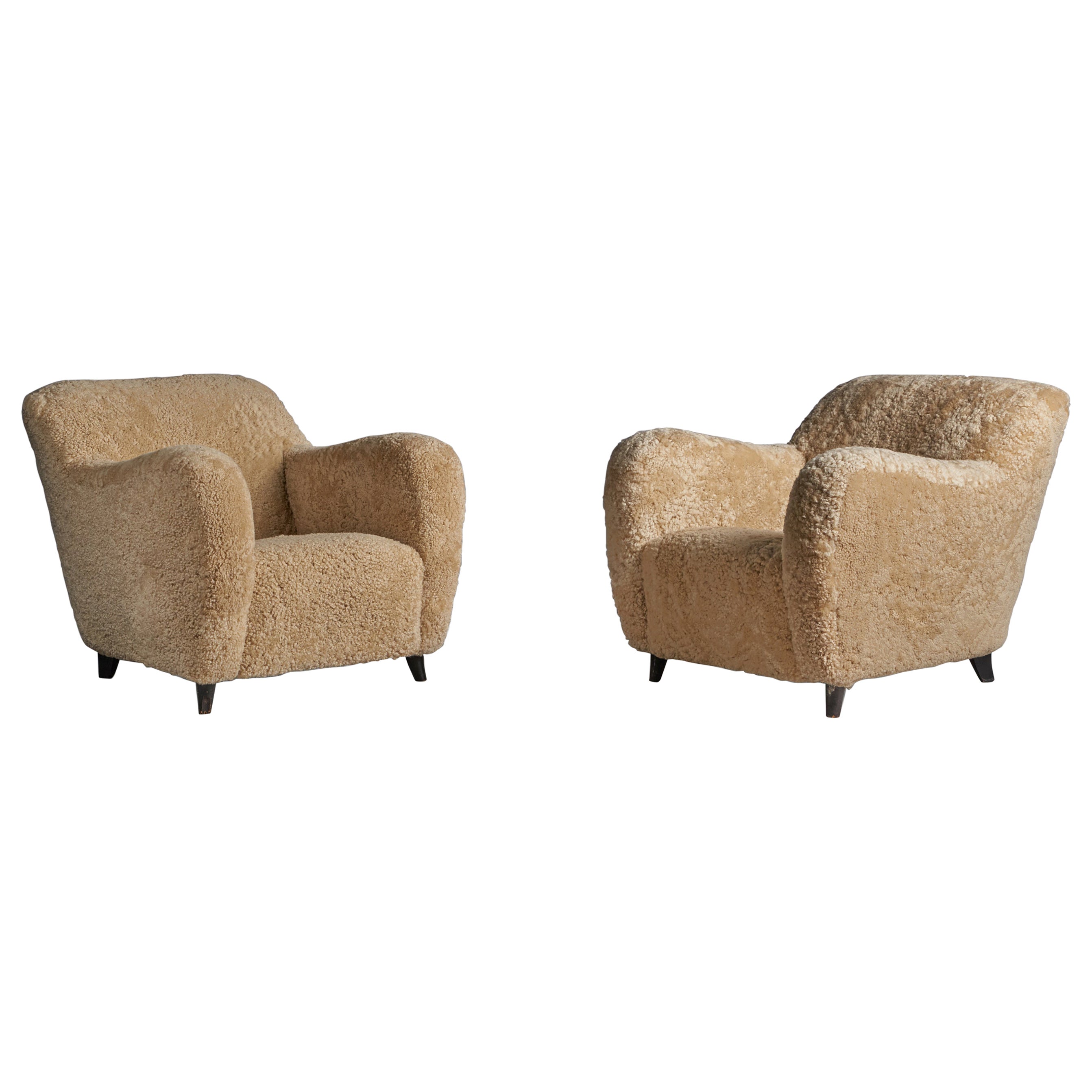 Melchiore Bega Attribution, Lounge Chairs, Shearling, Wood, Italy, 1940s For Sale