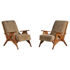French Designer, Lounge Chairs, Oak, France, 1950s