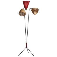 Designer suédois, lampadaire, métal, laiton, tissu, rotin, Suède, années 1950