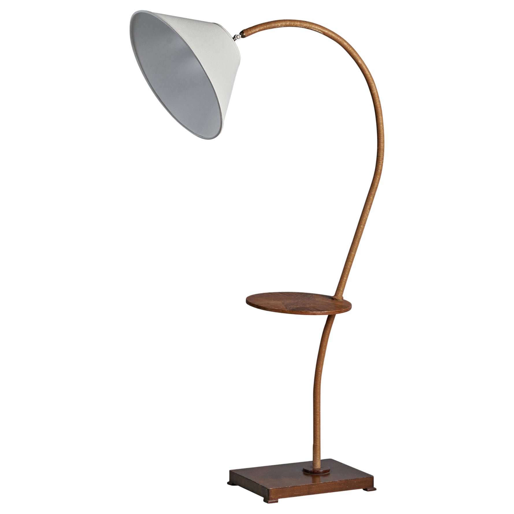 Swedish Designer, Floor Lamp, Cord, Wood, Metal, Fabric, Sweden 1930s For Sale