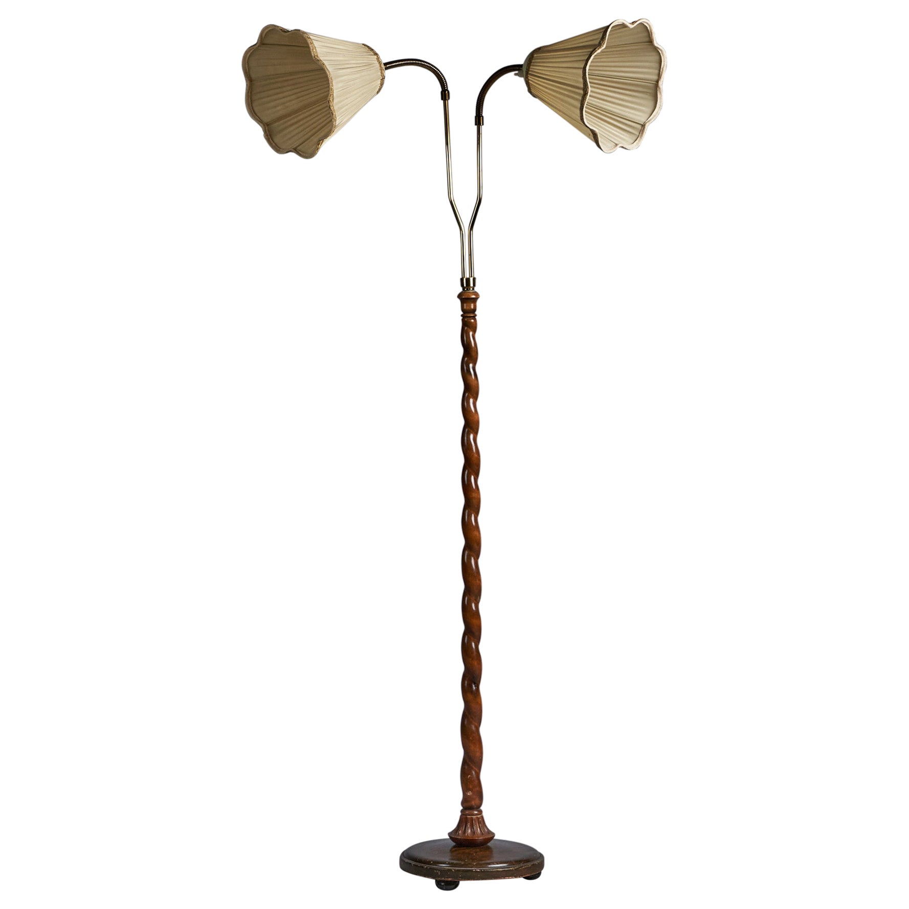 Swedish Designer, Floor Lamp, Brass, Fabric, Wood, Sweden, 1930s