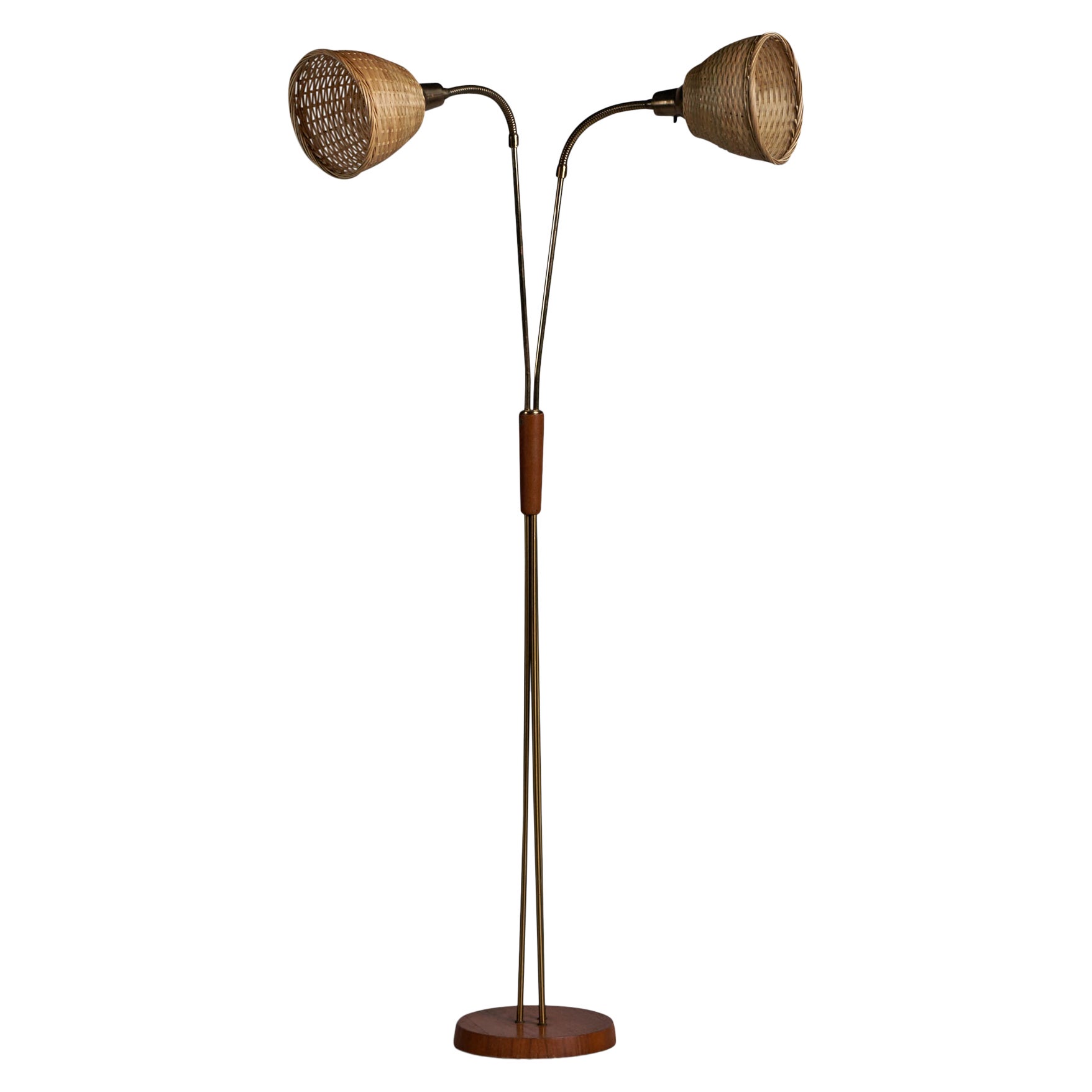 Swedish Designer, Floor Lamp, Teak, Brass, Rattan, Sweden 1950s For Sale