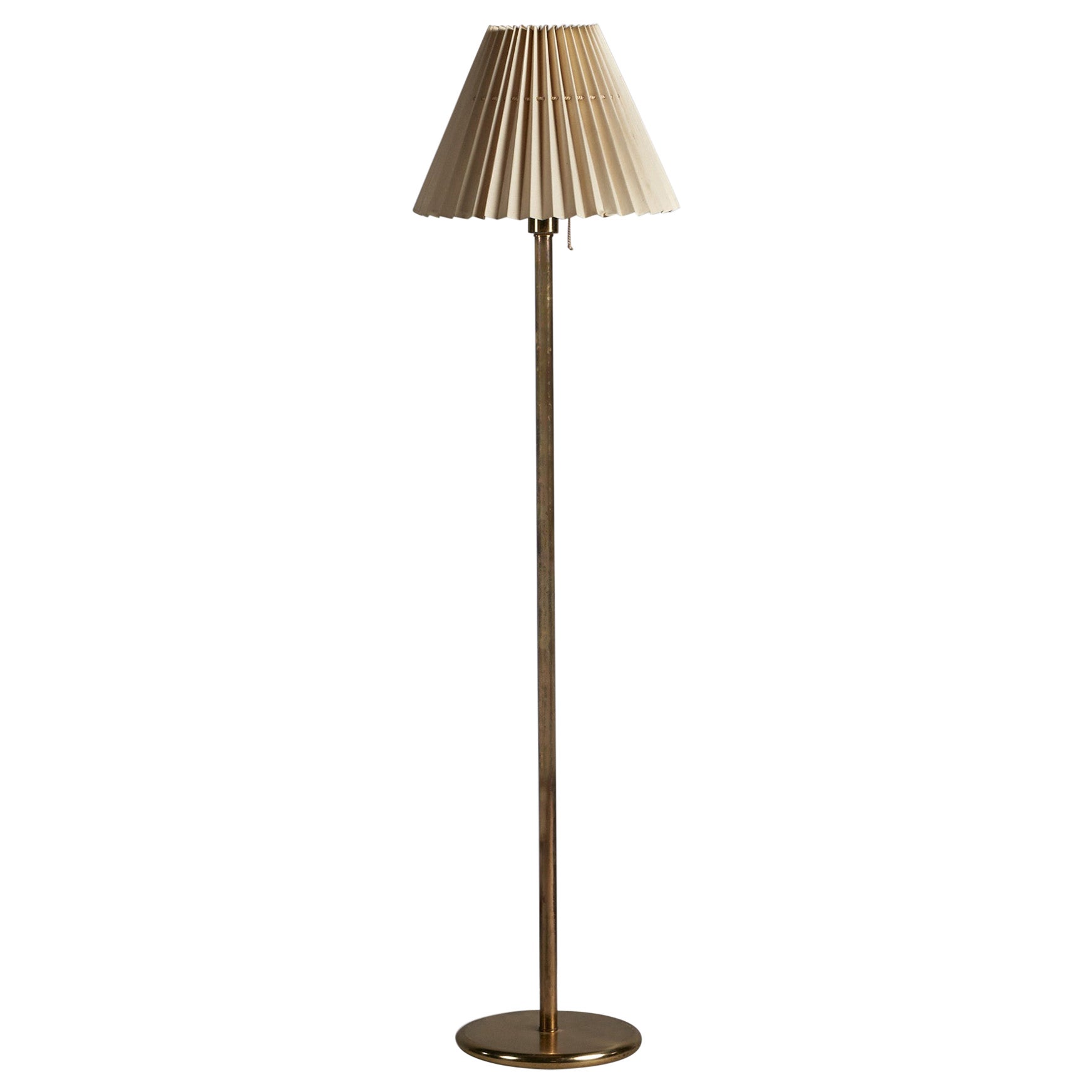Swedish Designer, Floor Lamp, Brass, Fabric, Sweden, 1950s For Sale