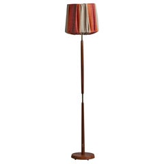 Lampadaire de designer suédois, teck, laiton, tissu, Suède, années 1950