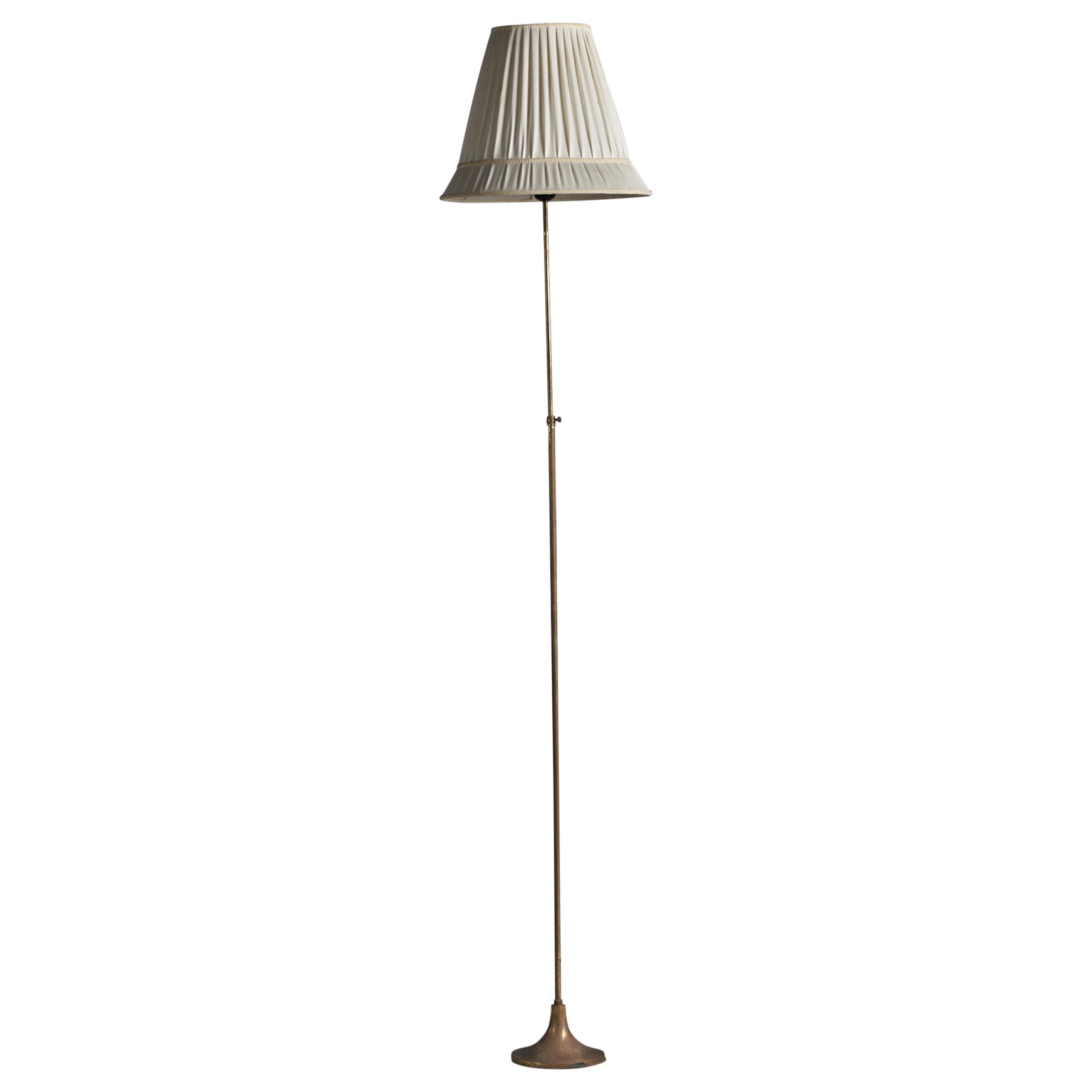 Swedish Designer, Adjustable Floor Lamp, Brass, Fabric, Sweden, 1930s