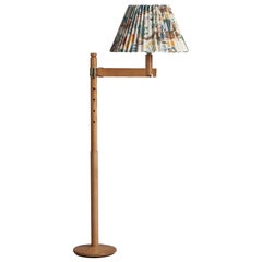 Vintage Swedish Designer, Floor lamp, Pine, Brass, Fabric, Sweden, 1970s