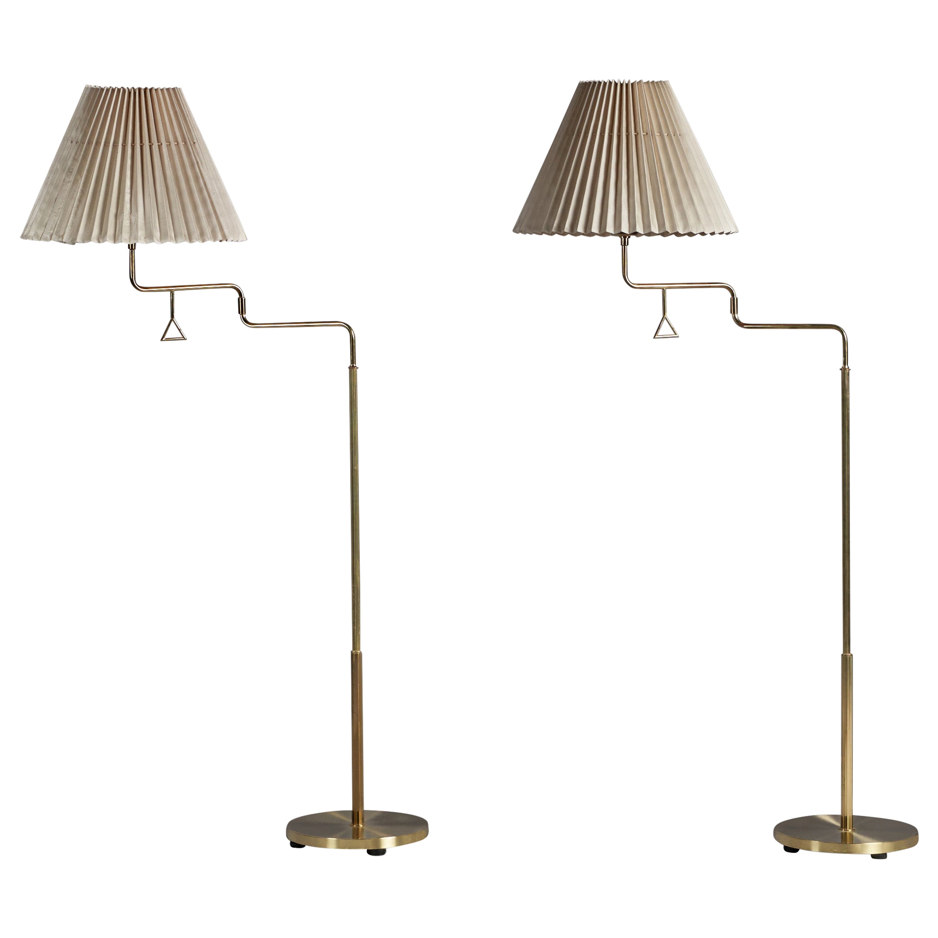 Armaturhantverk Tibro, Floor Lamps, Brass, Fabric, Sweden, 1960s For Sale