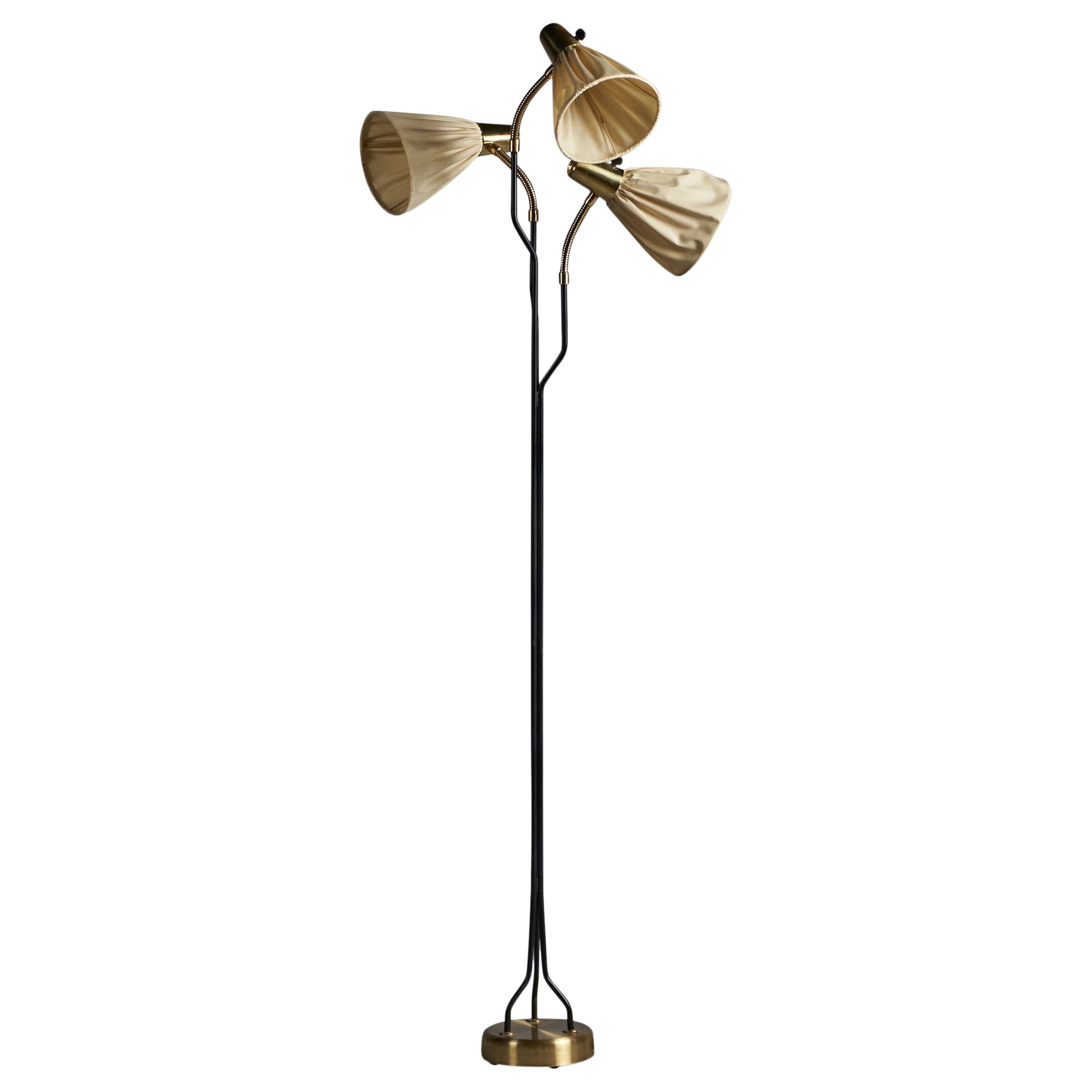 Swedish Designer, Floor Lamp, Brass, Metal, Fabric, Sweden, 1960s For Sale