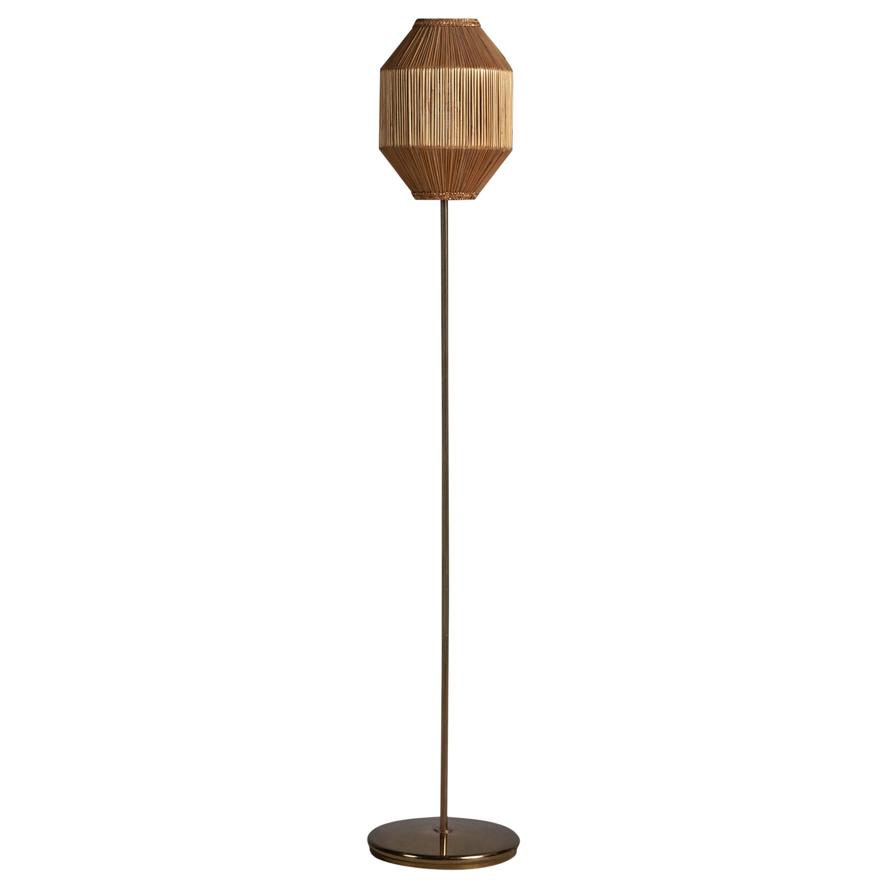 Swedish Designer, Floor Lamp, Brass, Rattan, Sweden, 1960s For Sale