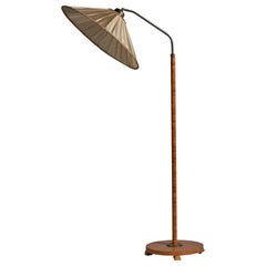 Swedish Designer, Floor Lamp, Brass, Oak, Fabric, Sweden, 1940s