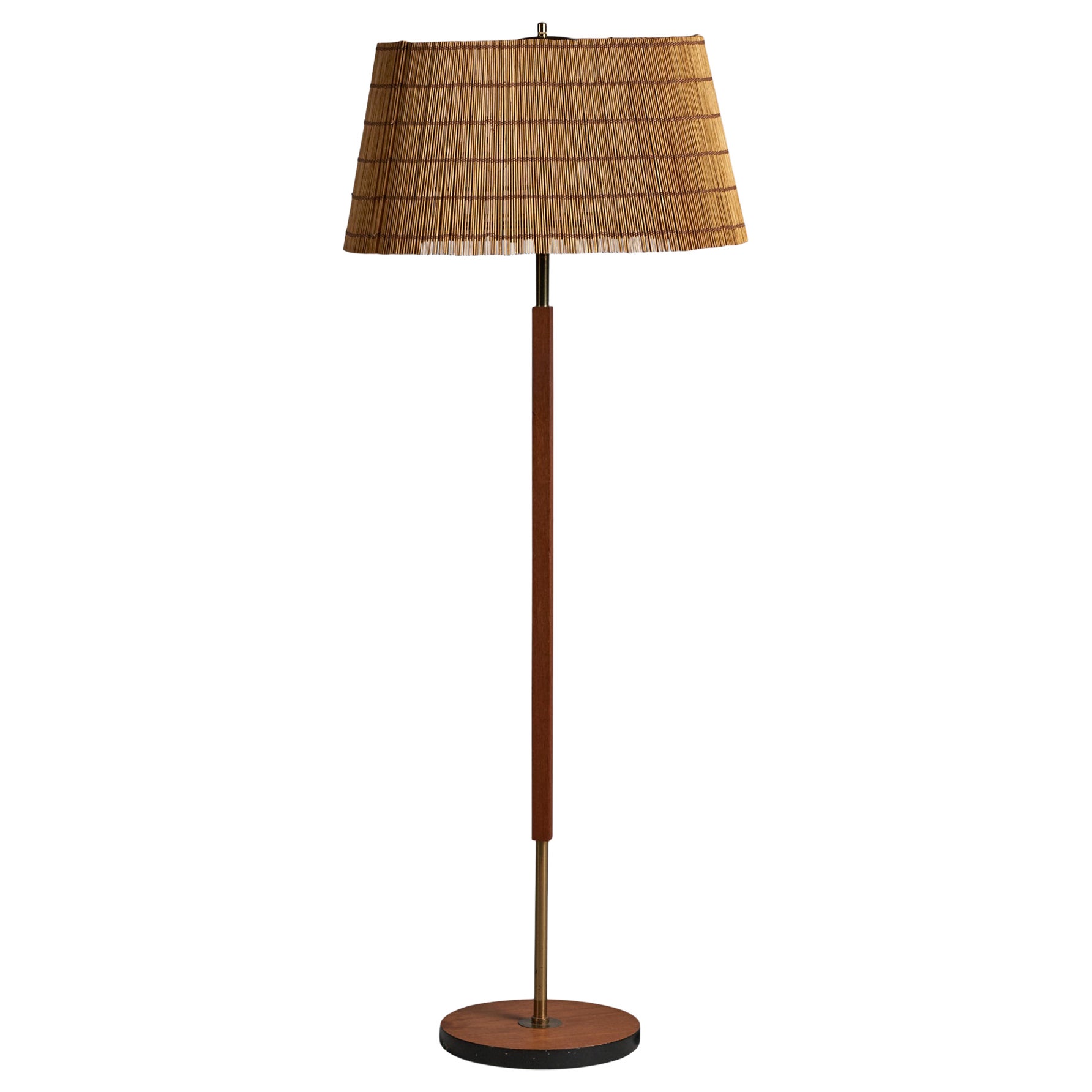 Lival OY, Floor Lamp, Wood, Brass, Reed, Finland, 1950s For Sale