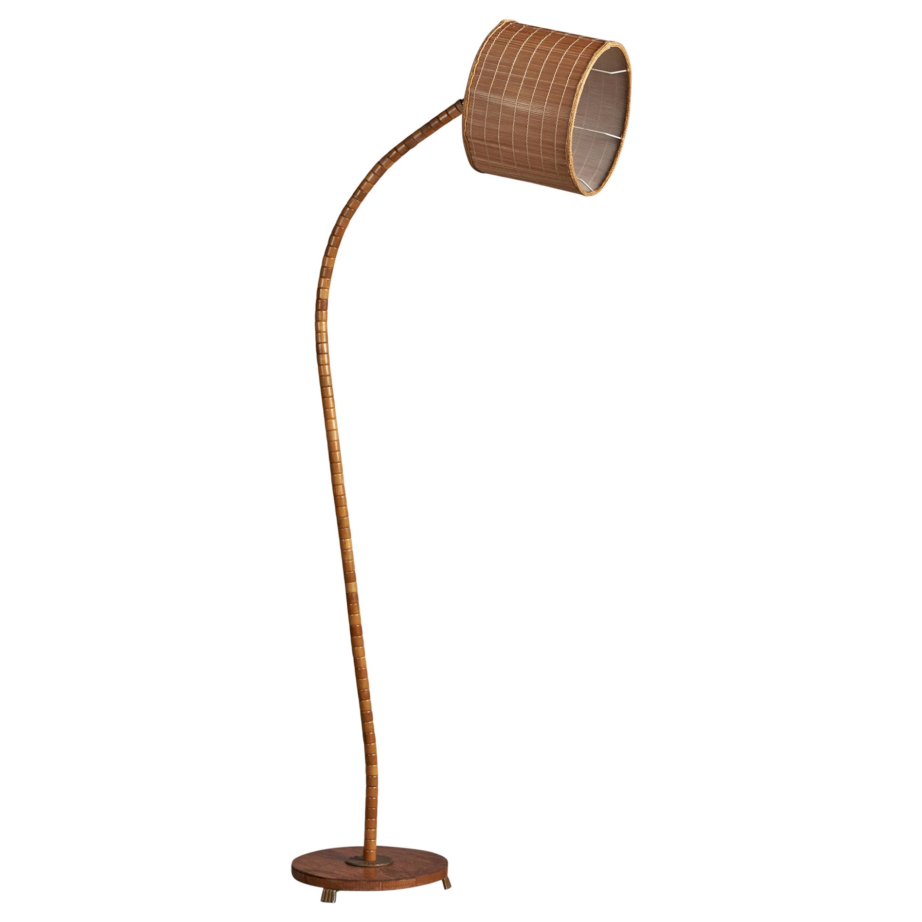Swedish Designer, Floor Lamp, Oak, Brass, Reed, Sweden, 1930s For Sale