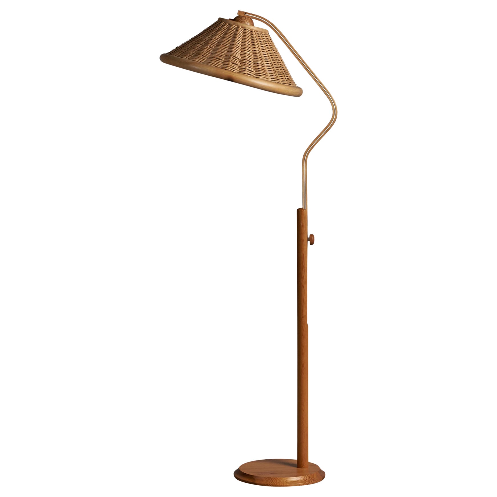 Solbackens Svarveri, Floor Lamp, Pine, Bamboo, Rattan, Sweden, 1970s For Sale