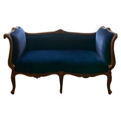 Antique 19th Century French Gilt Wood Velvet Navy Blue Settee 