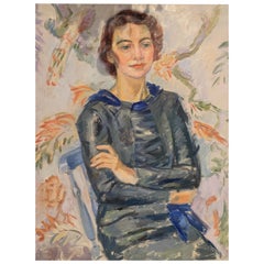 1938 Swedish Oil Painting of a Smiling Young Lady by artist Birger Simonsson
