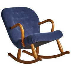 Arnold Madsen Attribution, Rocking Chair, Birch, Fabric, Denmark, 1950s