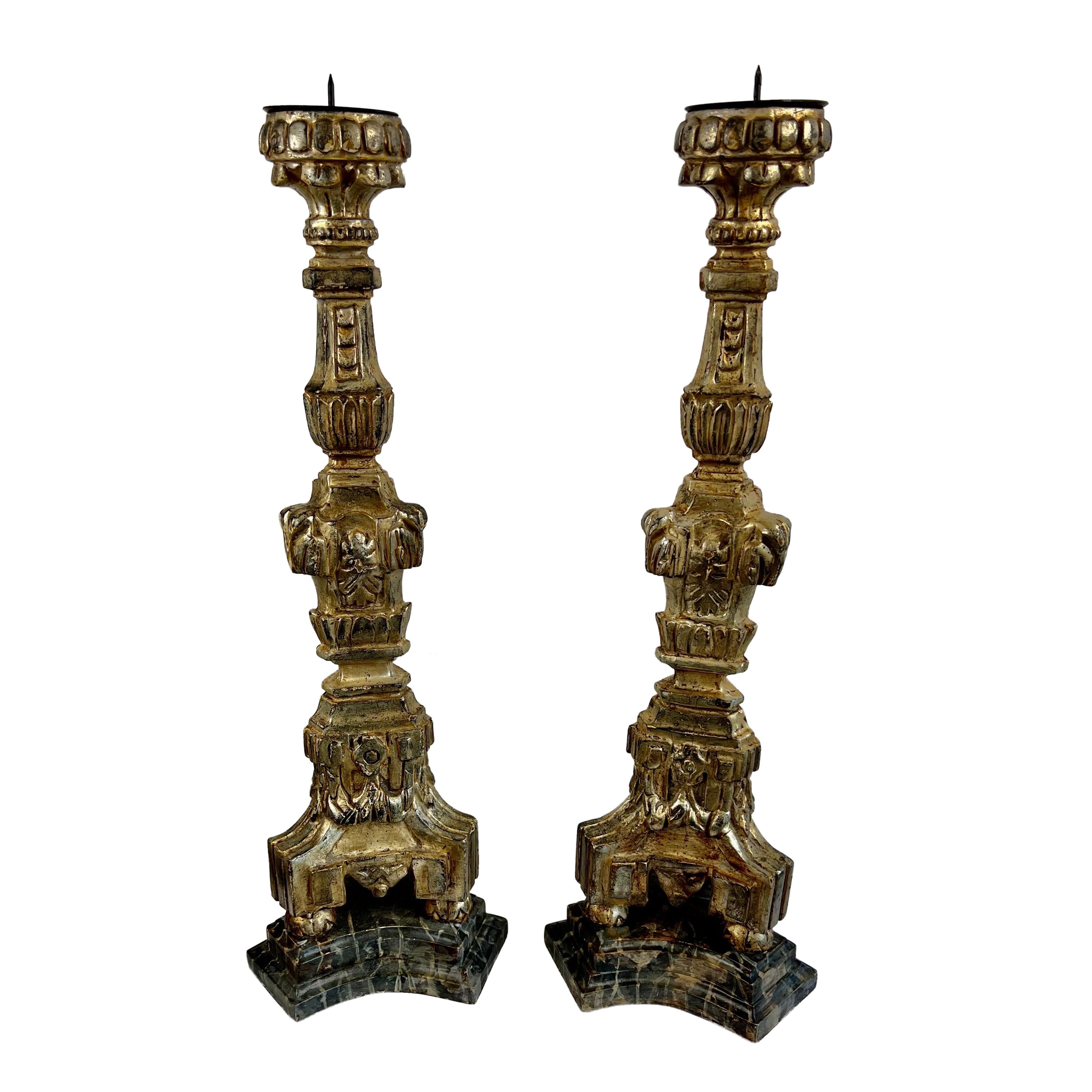 Pair of Italian Gold & Silver Gilt Wood Candlesticks