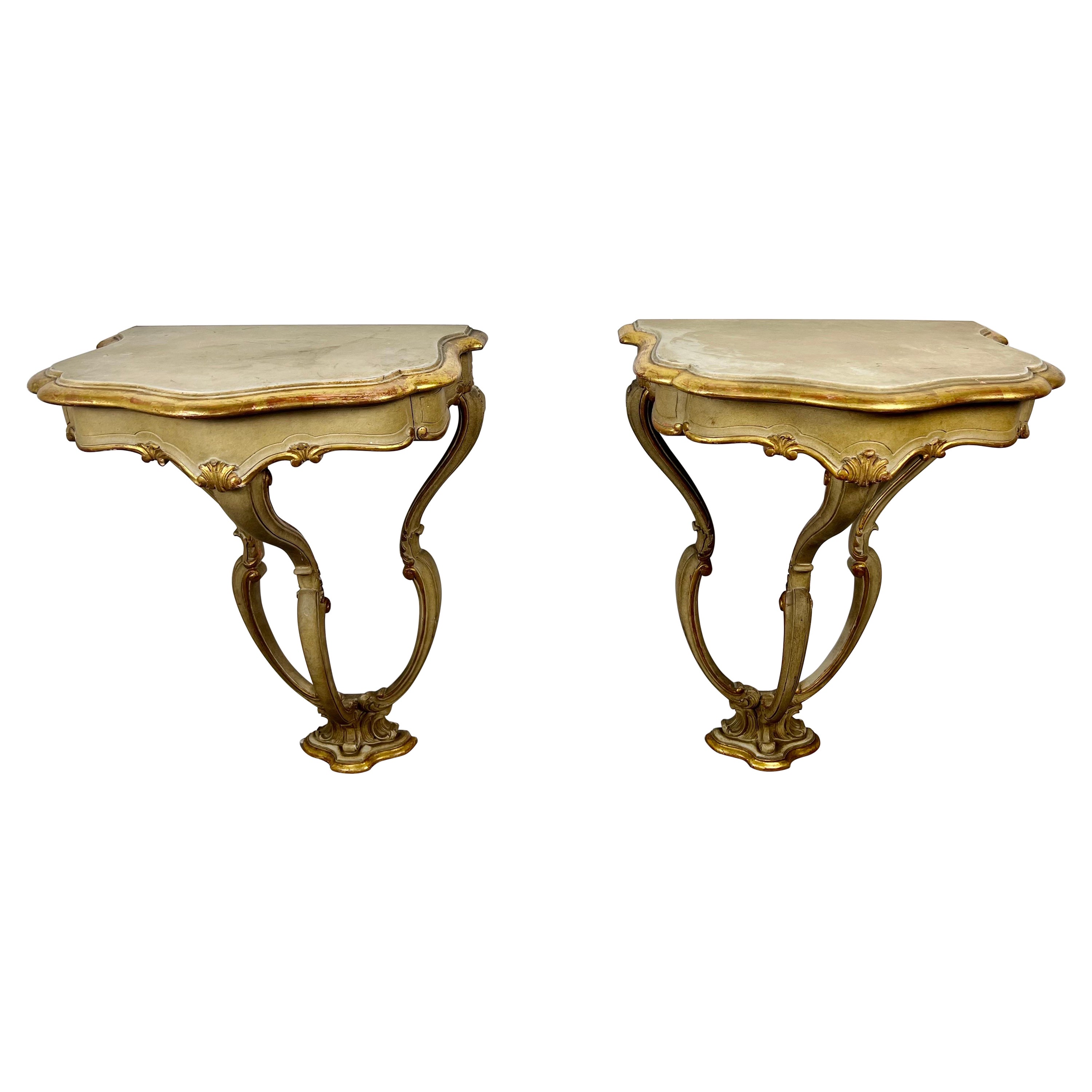 Pair of Italian Painted & Parcel Gilt Consoles w/ Drawers For Sale