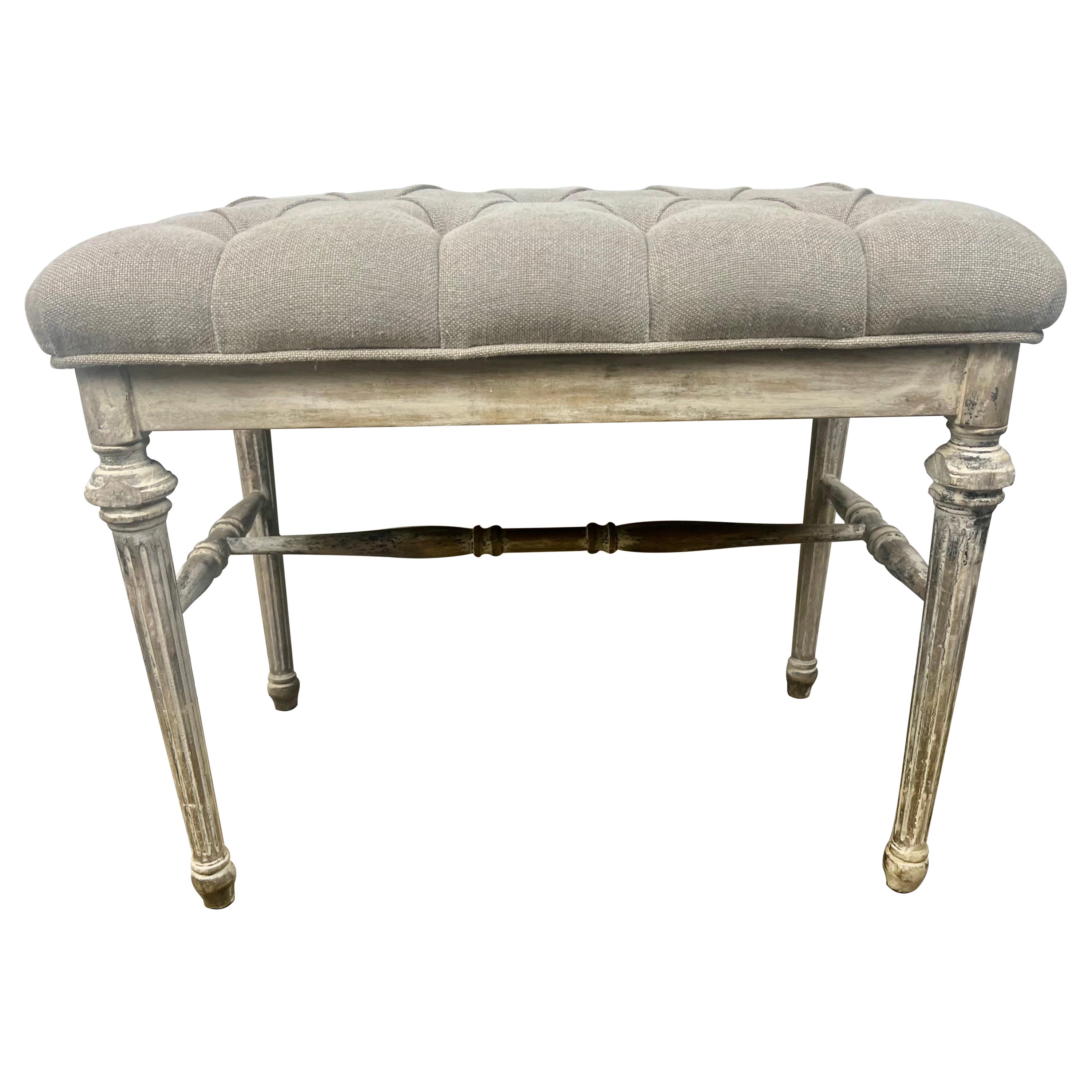 French Louis XVI Style Painted Bench w/ Belgium Linen For Sale