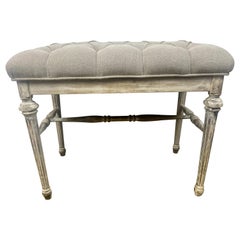 French Louis XVI Style Painted Bench w/ Belgium Linen