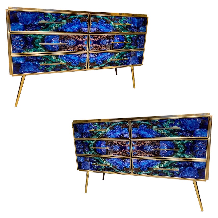 Midcentury Style Brass and Lapis Lazuli Colored Murano Glass Commode For Sale