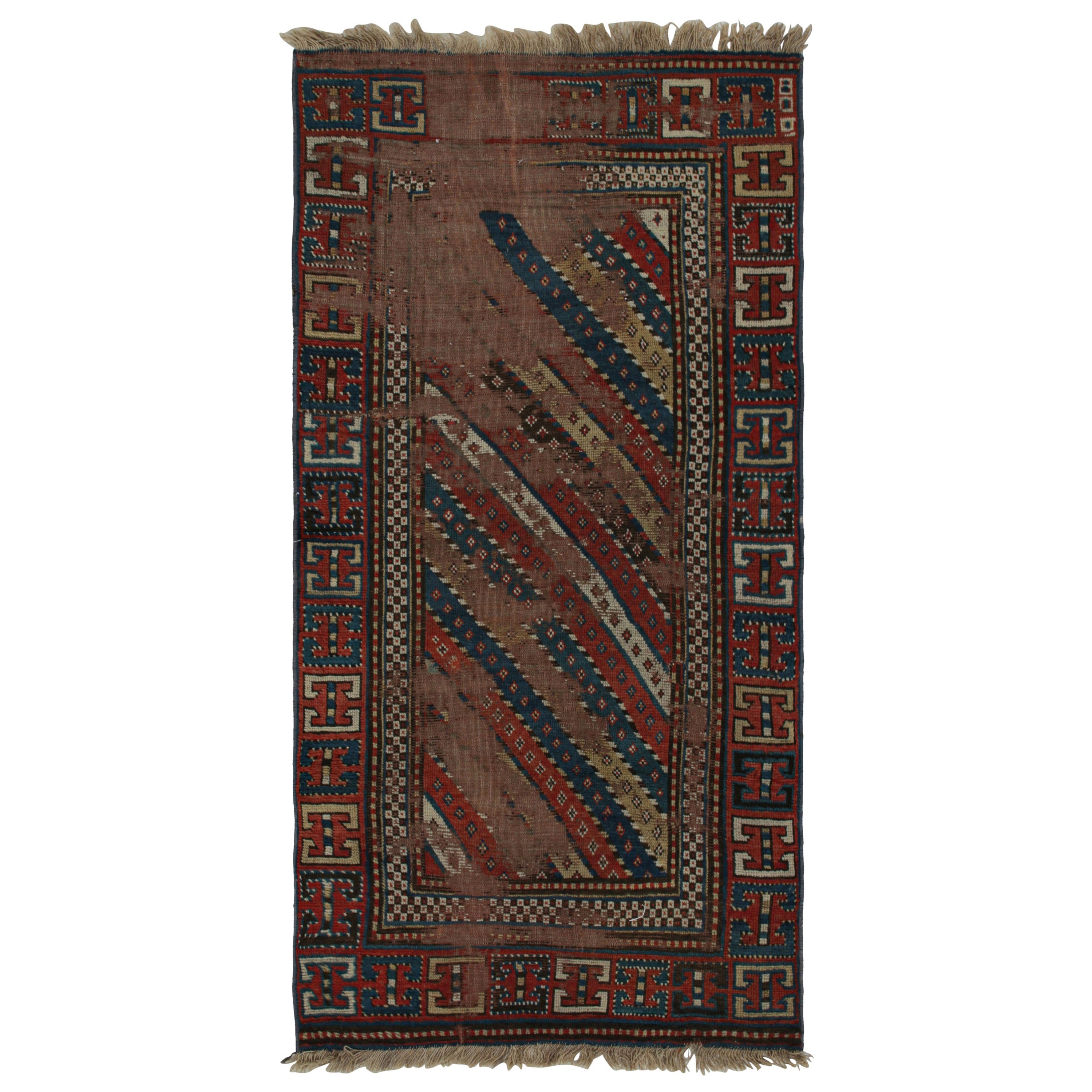 Antique Kazak Runner Rug with Red & Blue Geometric Patterns, from Rug & Kilim