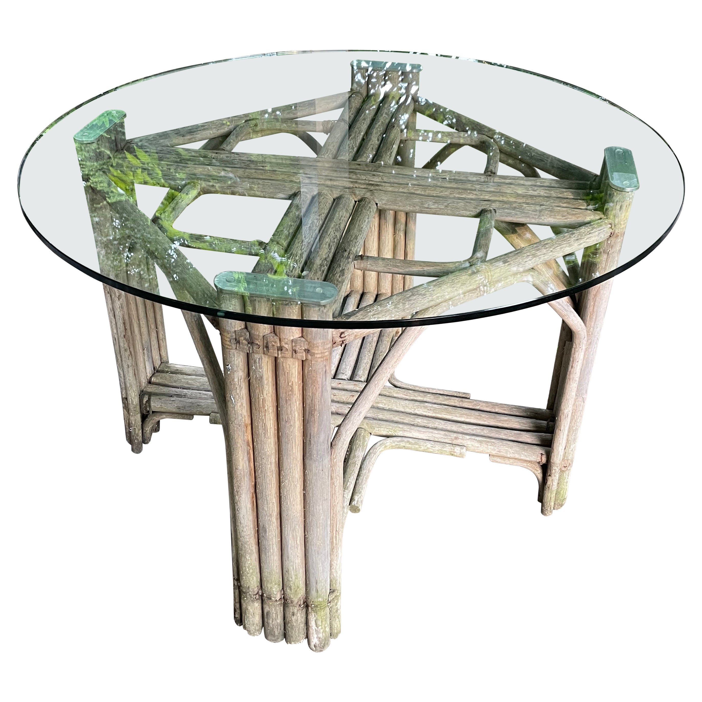 Weathered Wood Glass Top Dining Table For Sale