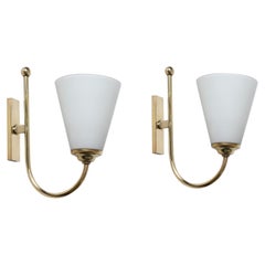 Pair of Opal Glass and Brass Italian Sconces, 1970s