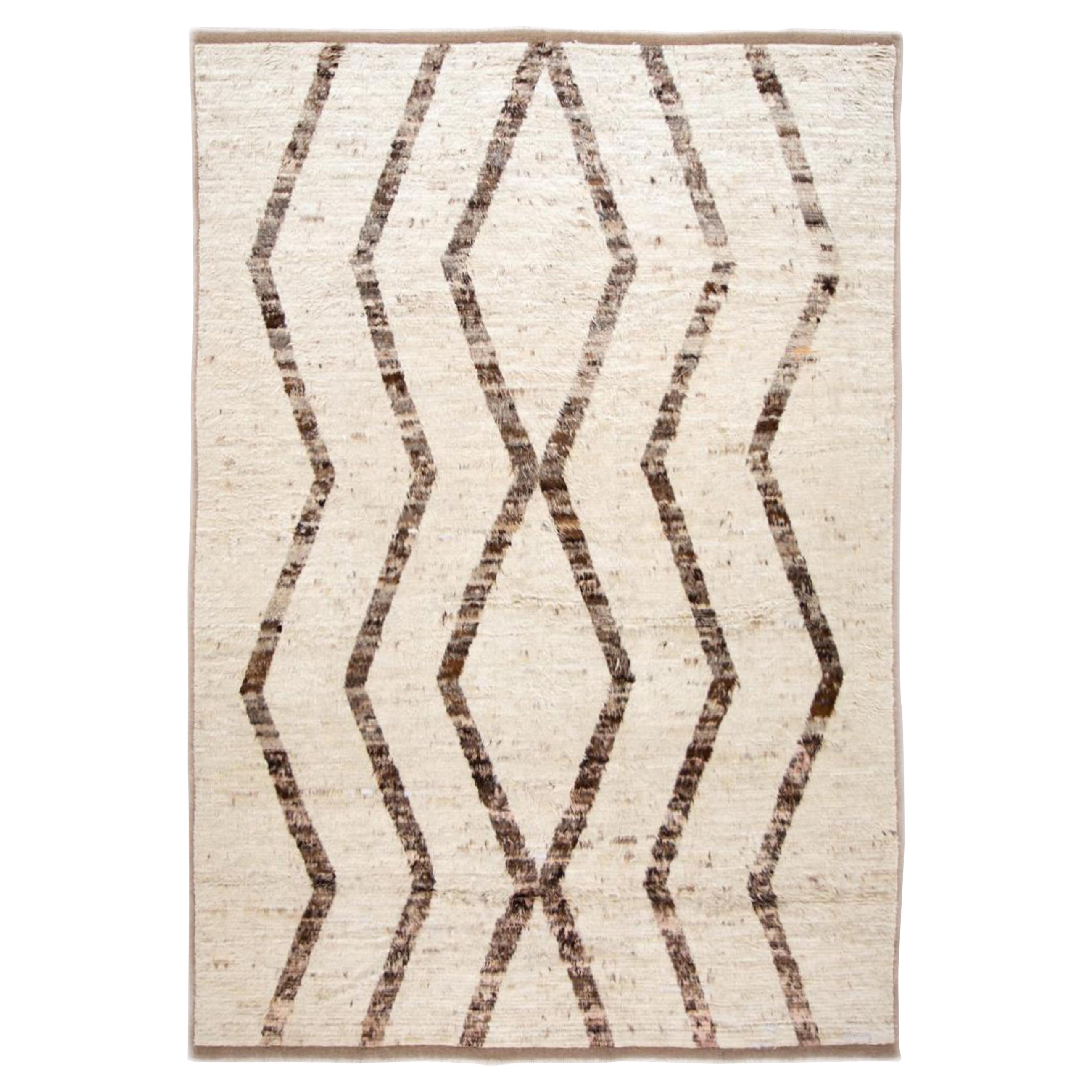 Handmade Modern Moroccan Style Wool Rug With Tribal Design In Beige/Brown For Sale