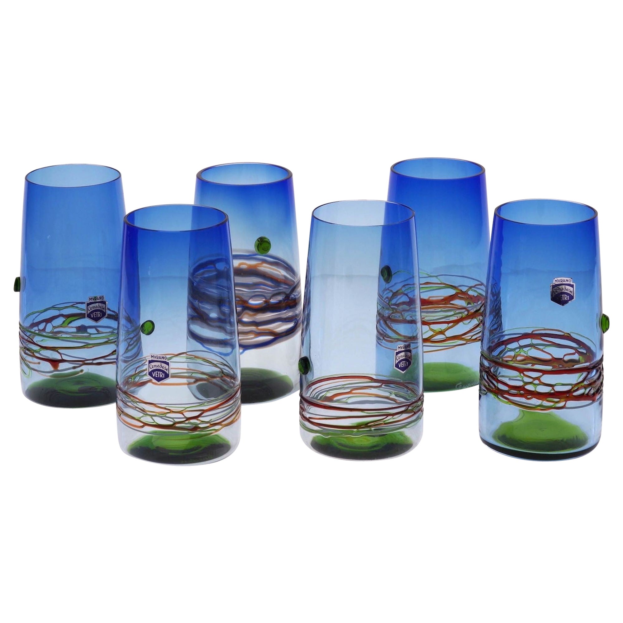 Unique Set of 6 Murano Tumblers Cenedese Murano 1960, Young Collection For Sale