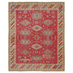 Antique Agra Rug in Red with Colorful Geometric Patterns, from Rug & Kilim