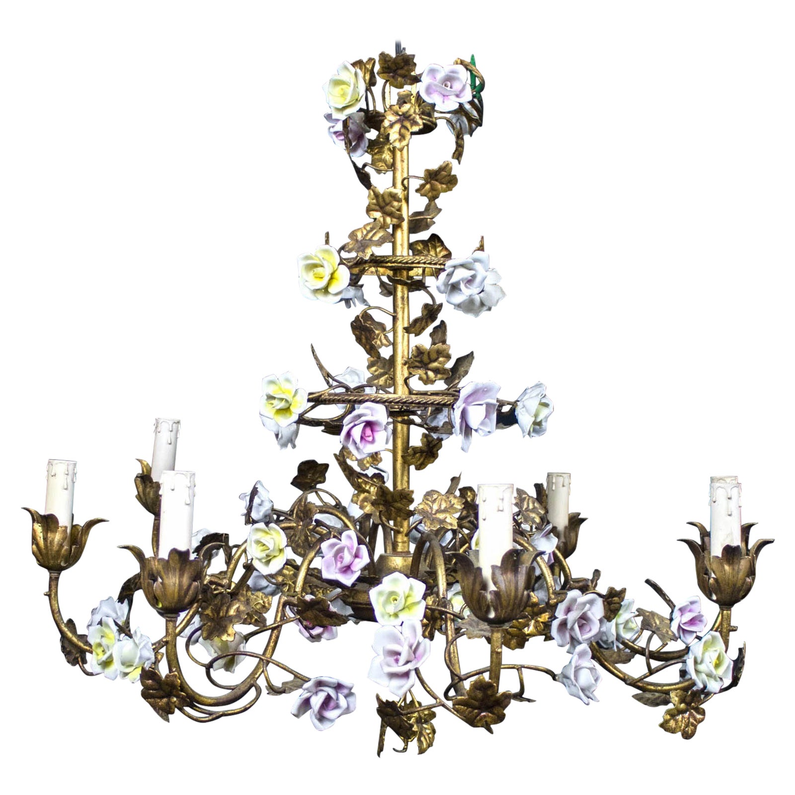 Wonderful Italian Cage Form Chandelier with Colorful Porcelain Flowers For Sale