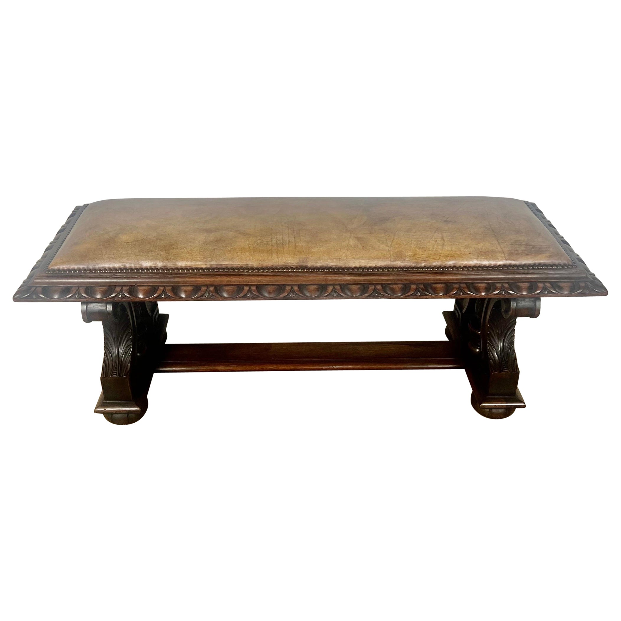 Leather Upholstered English Bench w/ Egg & Dart Detail For Sale