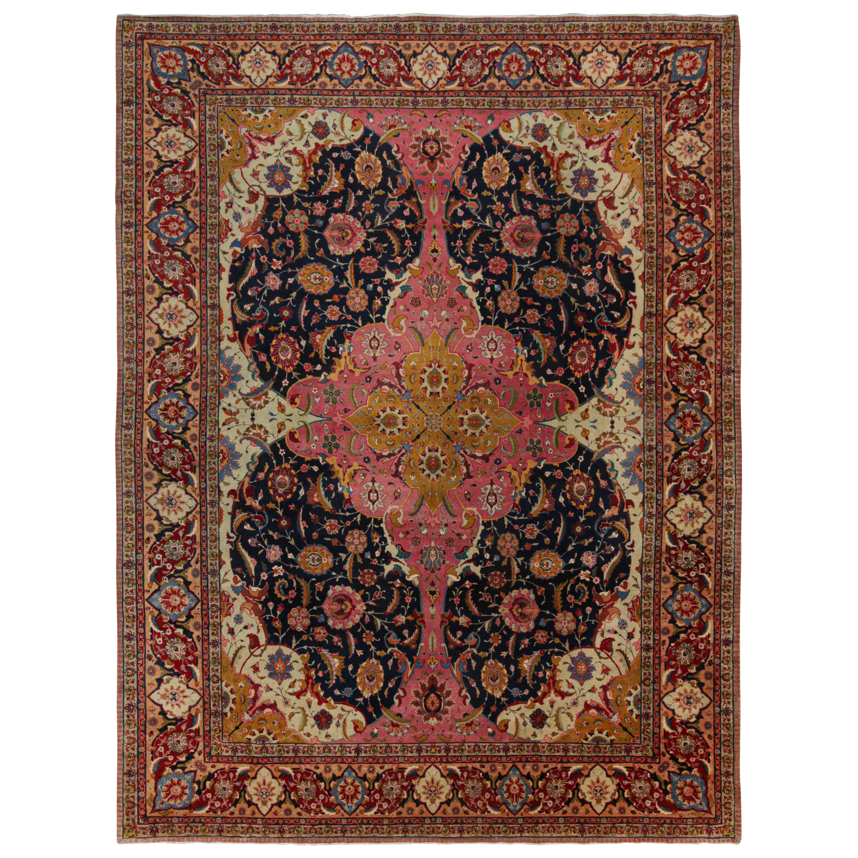 Antique Tabriz Persian Bellini rug in Pink, Blue & Gold Florals For Sale