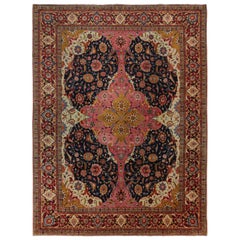 Tapis persan ancien de Tabriz Bellini à fleurs roses, bleues et dorées
