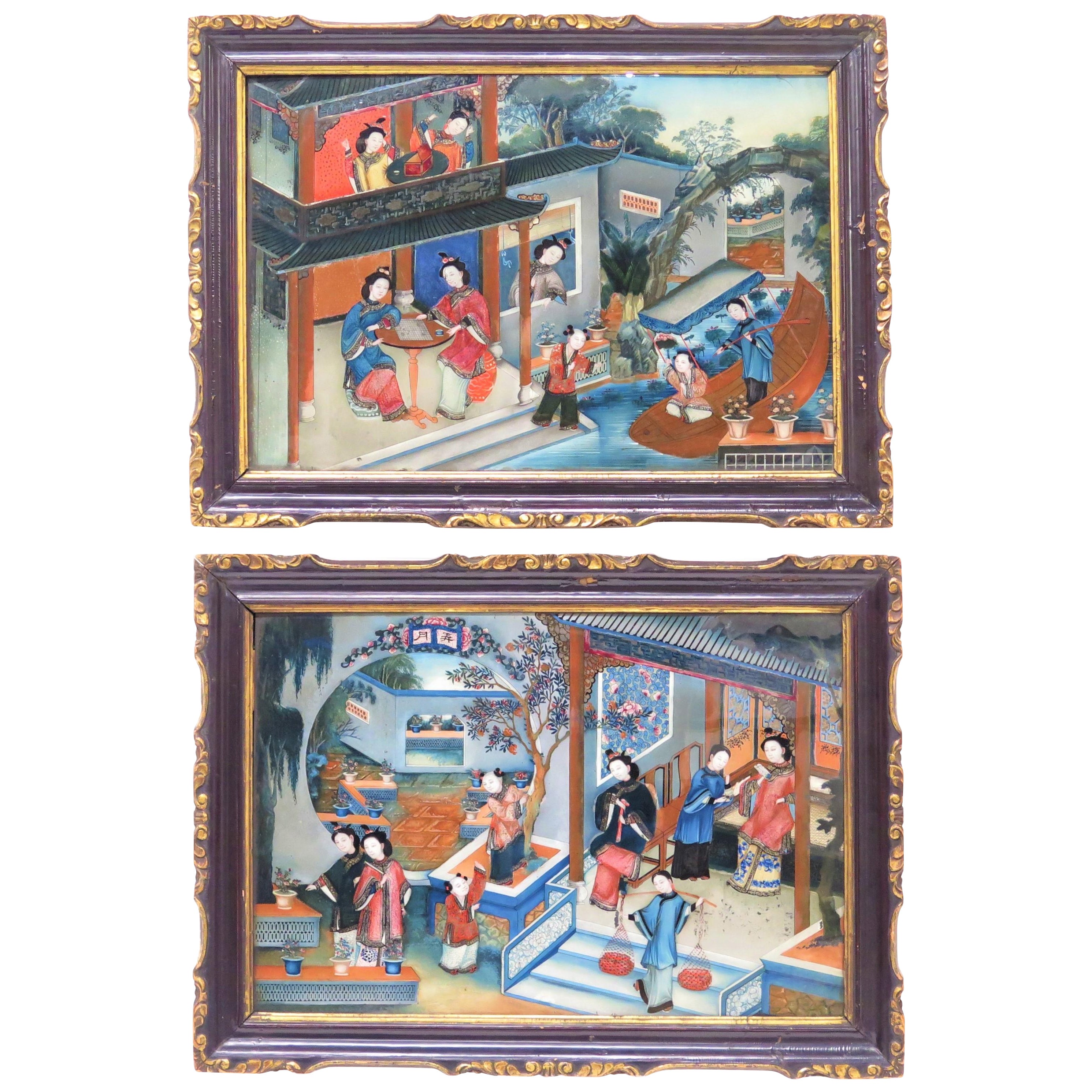 Pair of Fine Chinese Export Reverse Paintings on Glass, Circa 1830