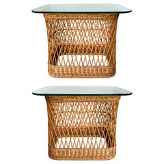 Vintage Davis Allen McGuire Rattan Side Tables with Glass Tops, Pair