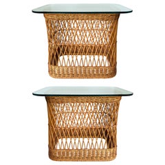  Vintage Davis Allen McGuire Rattan Side Tables with Glass Tops, Pair