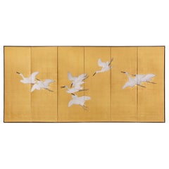 Vintage Japanese Six Panel Screen: Egrets in Flight