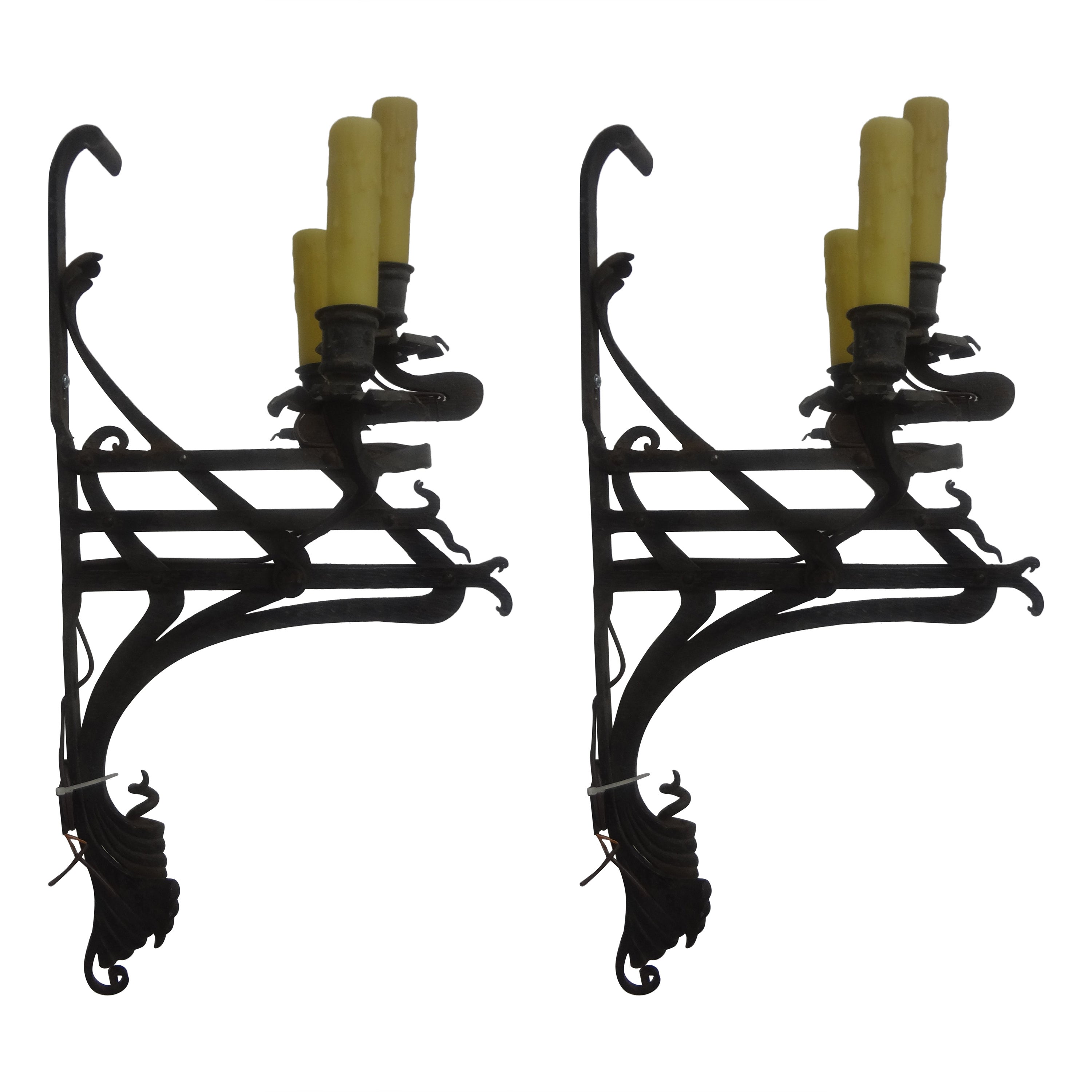 Pair Of 19th Century French Wrought Iron Sconces For Sale
