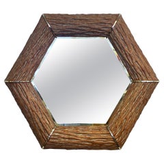 Retro Faux Saguaro and Brass Hexagonal Shape Wall Mirror 