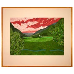 John Brunsdon Mountain Farm Signed Watercolor Modern Fauvist Color Field Scape