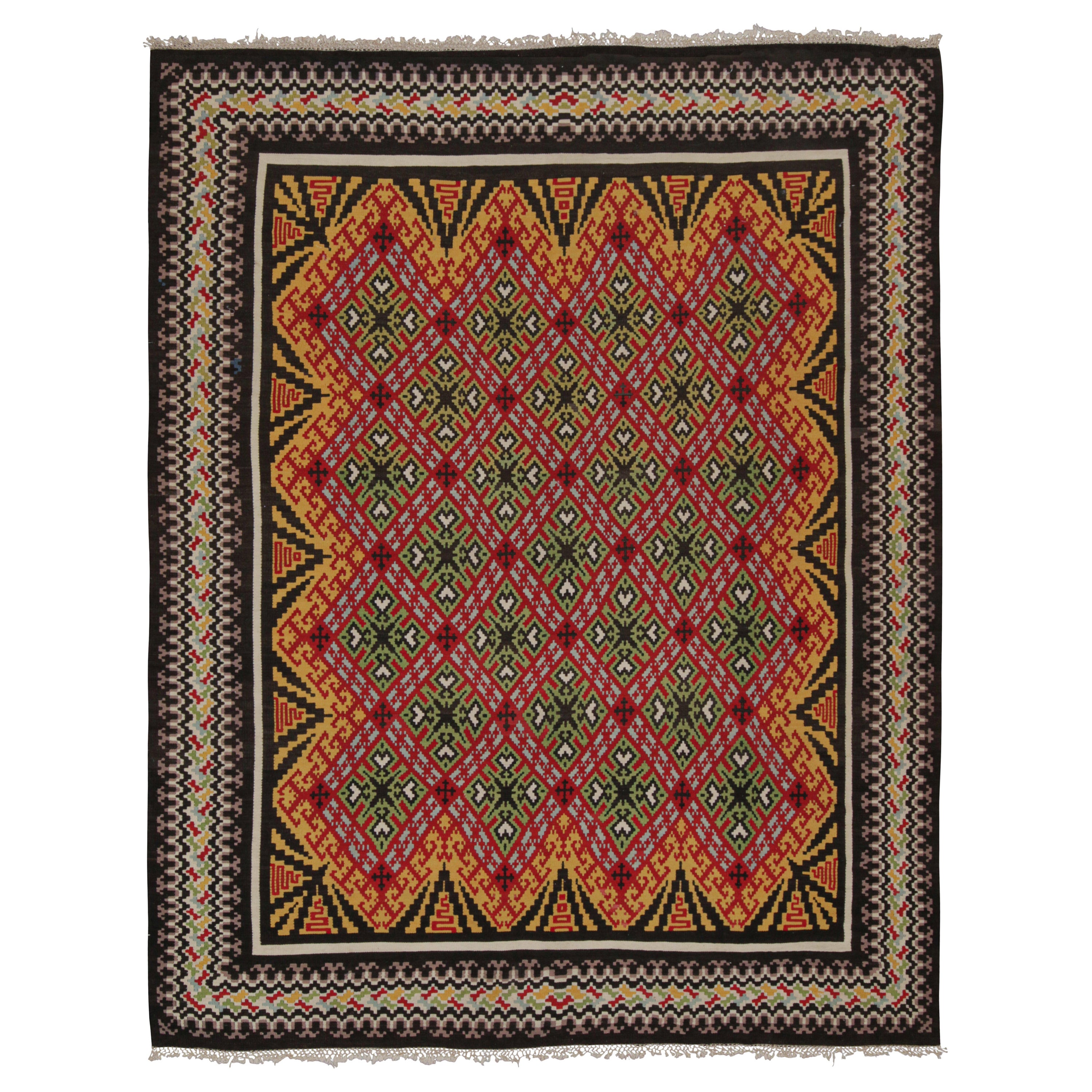 Vintage Balkan Kilim with Gold, Red & Green Geometric Patterns from Rug & Kilim
