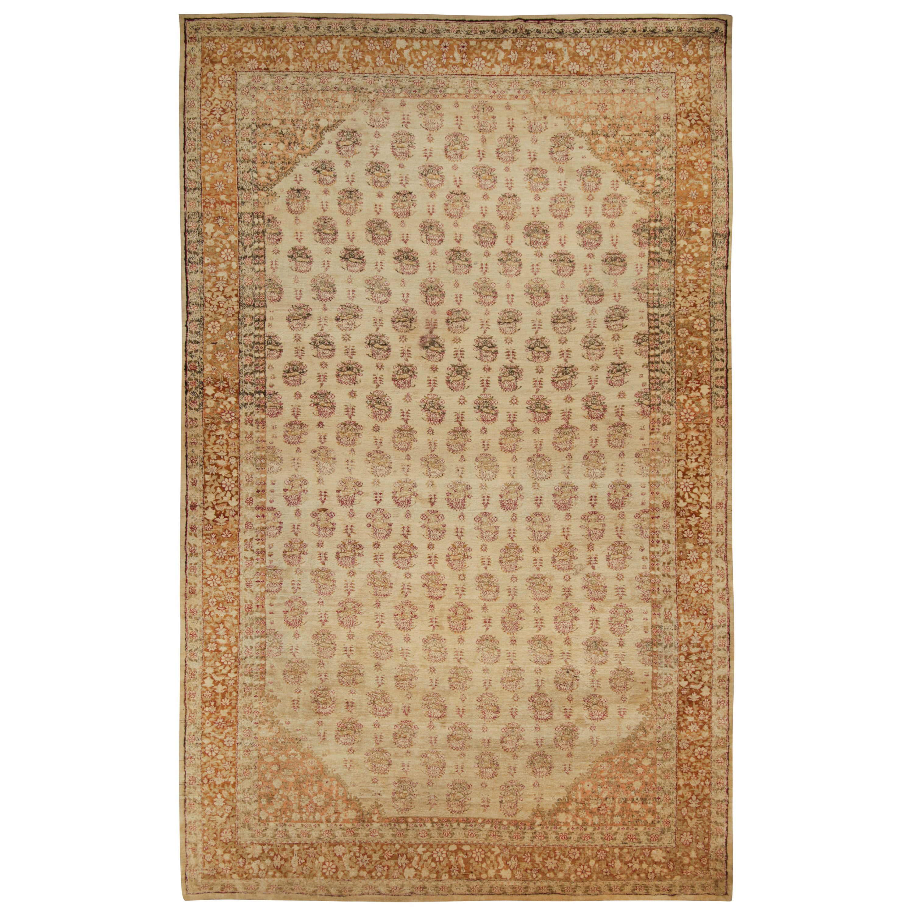 Oversized Antique Agra Rug in Gold with Floral patterns For Sale