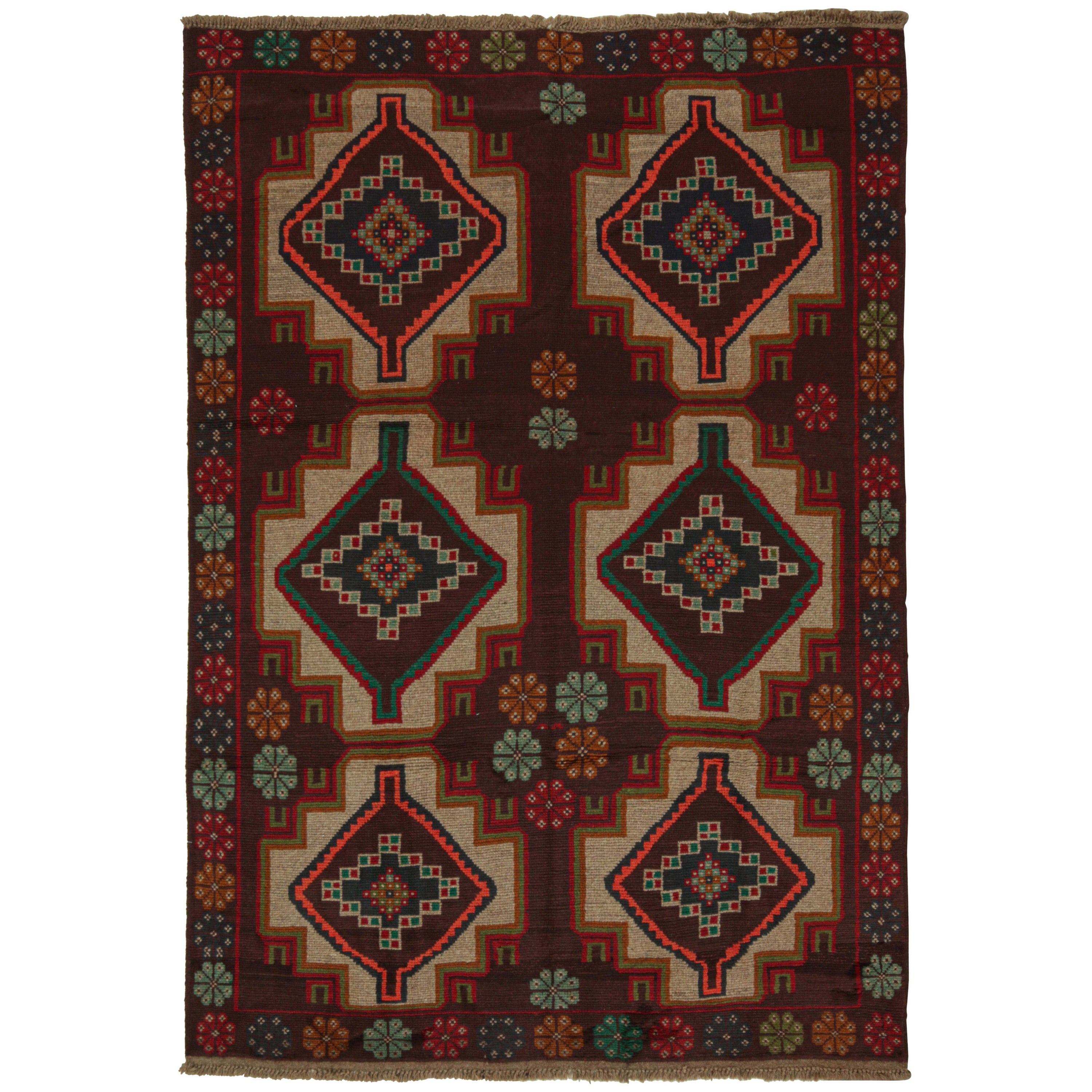 Rug & Kilim’s Afghan Baluch Tribal Rug in Rust Tones with Geometric Medallions For Sale